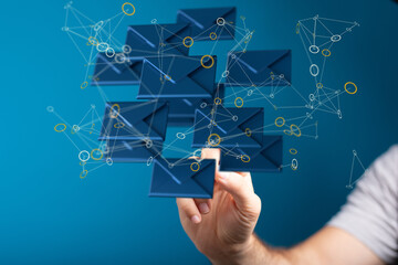 touching 3D rendering flying email icon with his fin