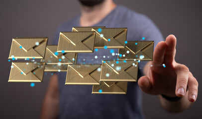 touching 3D rendering flying email icon with his fin