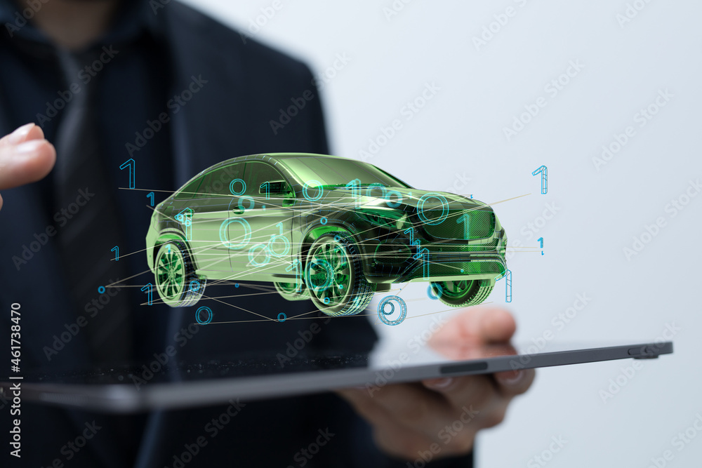 Poster electric car icon from lines, triangles and particle style