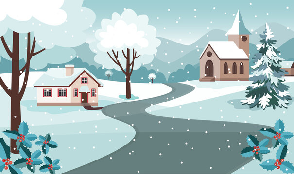Winter landscape with house, charch and road. Vector illustration in flat style