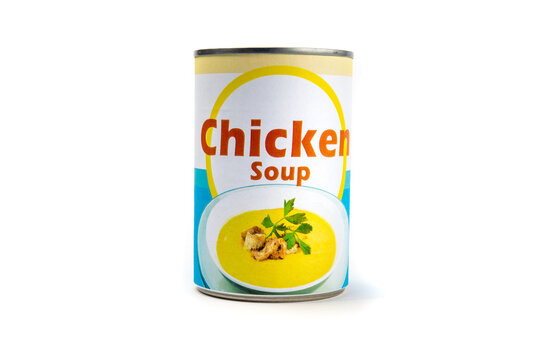 A fake generic labelled food can of chicken soup isolated on white
