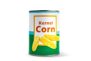 A fake generic labelled food can of kernel corn isolated on white