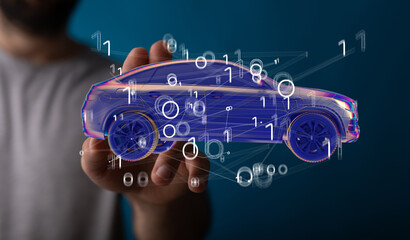 Electric car icon from lines, triangles and particle style