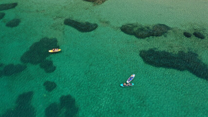 Aerial drone photo of beautiful sandy bay and picturesque small chapel of Agios Fokas in island of Skiros, Sporades, Greece