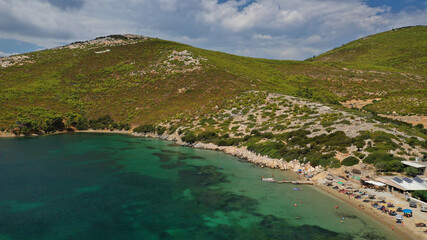 Fototapeta premium Aerial drone photo of beautiful sandy bay and picturesque small chapel of Agios Fokas in island of Skiros, Sporades, Greece