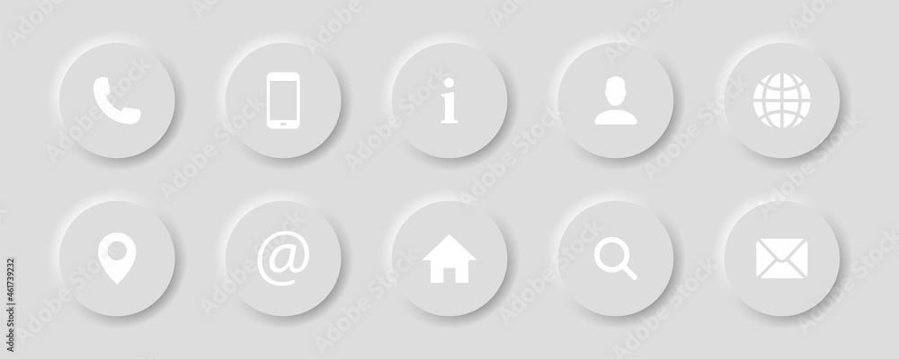 Poster contact information buttons set in neomorphism design style with shadow. 3d contact us signs or symb