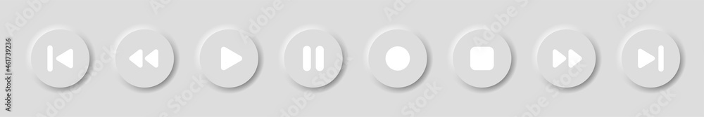 Poster soft media player buttons set in neomorphism design style with shadow. 3d video audio media player b