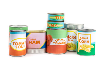 A variety of fake generic labelled food cans isolated on white
 - obrazy, fototapety, plakaty