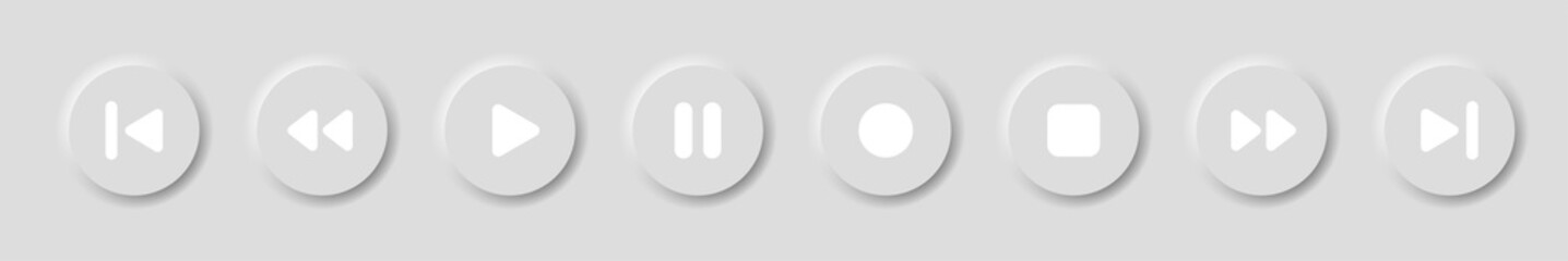 Soft media player buttons set in neomorphism design style with shadow. 3d video audio media player button collection for navigation in apps. Trendy designs element isolated.