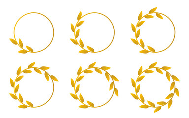 Roman golden laurel wreath. Rings with gold leaves round frame collection. Circular olive greek wreath badge isolated on white background. Vector illustration.