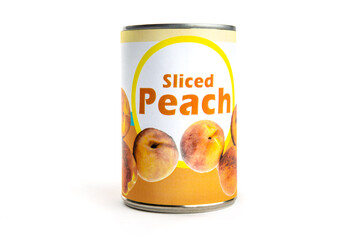 A fake generic labelled food can of sliced peach isolated on white