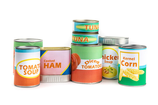 A variety of fake generic labelled food cans isolated on white
