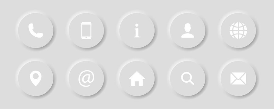 Contact information buttons set in neomorphism design style with shadow. 3d contact us signs or symbols collection. Neomorphic trendy designs element isolated on white background. Vector illustration.