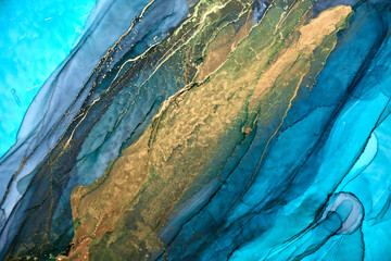 Luxury abstract background in alcohol ink technique, indigo blue gold liquid painting, scattered...