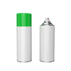 Green spray can with paint, open and closed lid. on a white background, 3d render