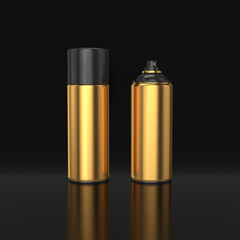 Gold and black paint spray can with open and closed lid on black background, 3d render