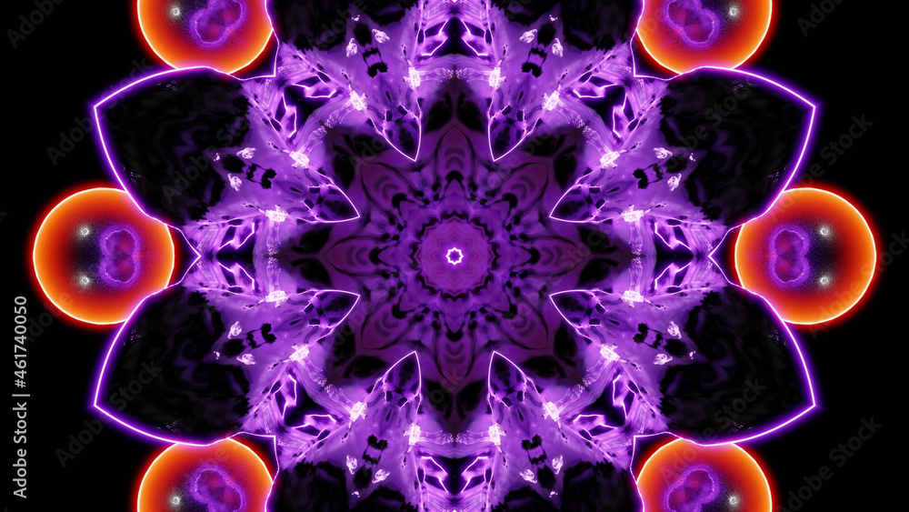 Aufkleber 3d rendering of a colorful kaleidoscopic pattern with black heart signs and orange circles