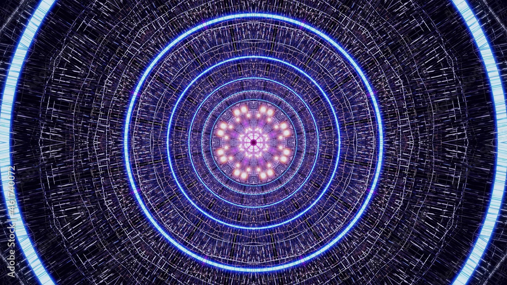 Aufkleber 3d rendering of a kaleidoscopic pattern with gradually growing circles and various shapes and signs