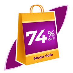 74 percent off. 3D Yellow shopping bag concept in white background.