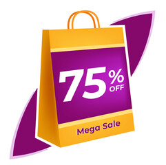 75 percent off. 3D Yellow shopping bag concept in white background.