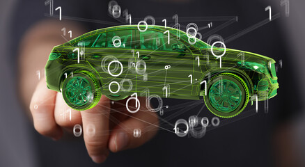 Man holding and touching holographic smart car