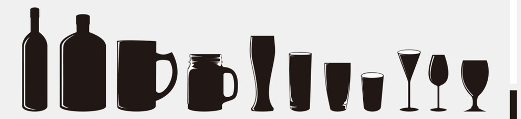 black bottle and glass set for bar or cafe icon illustrations logo - cup and bottle symbol silhouette