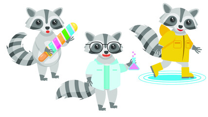 Set Abstract Collection Flat Cartoon 
Different Animal Raccons Flask Scientist, Holding A Huge Ice Cream, Jumping Through Puddles In Boots And Raincoat Vector Design Style Elements Fauna Wildlife