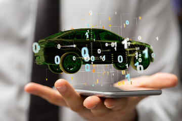 Hologram auto, futuristic polygonal model auto.