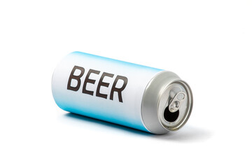 A fake generic labelled tall beer can empty can tipped over with the pull tab open isolated on white