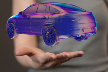 Hologram auto, futuristic polygonal model auto.