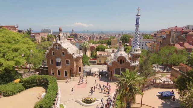 Park G&uuml;ell in Barcelona, Spain. Garden, architecture, Antoni Gaud&iacute;, unesco, catalonia, modernism, city park / 4K Video Footage
