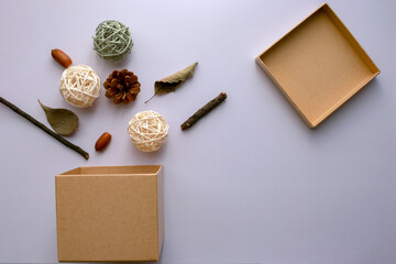 箱から小枝や松ぼっくりが飛び出すイメージ