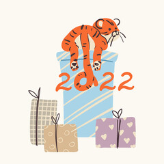 New Year's cute tiger with gifts. Hand drawn illustration for christmas