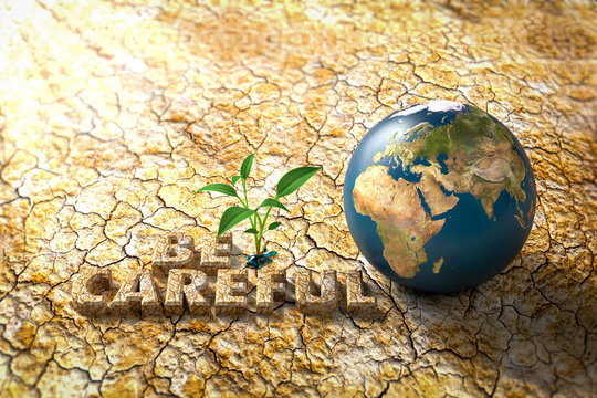 Save Planet - Erde auf Wüstenboden mit sprießendem Pflänzchen in Pfütze und Text