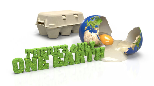 Save Planet - Zerbrochene Erde aus der Eiwei&szlig; mit Eigelb flie&szlig;t, Eierpackung und Text