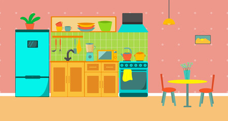 The interior of the kitchen in the flat style.