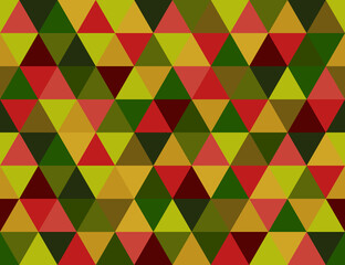 Seamless abstract background pattern. Christmas tone triangle shape green, red, yellow, gold. Texture design for fabric, tile, cover, poster, banner, textile, flyer, wall. Vector illustration.