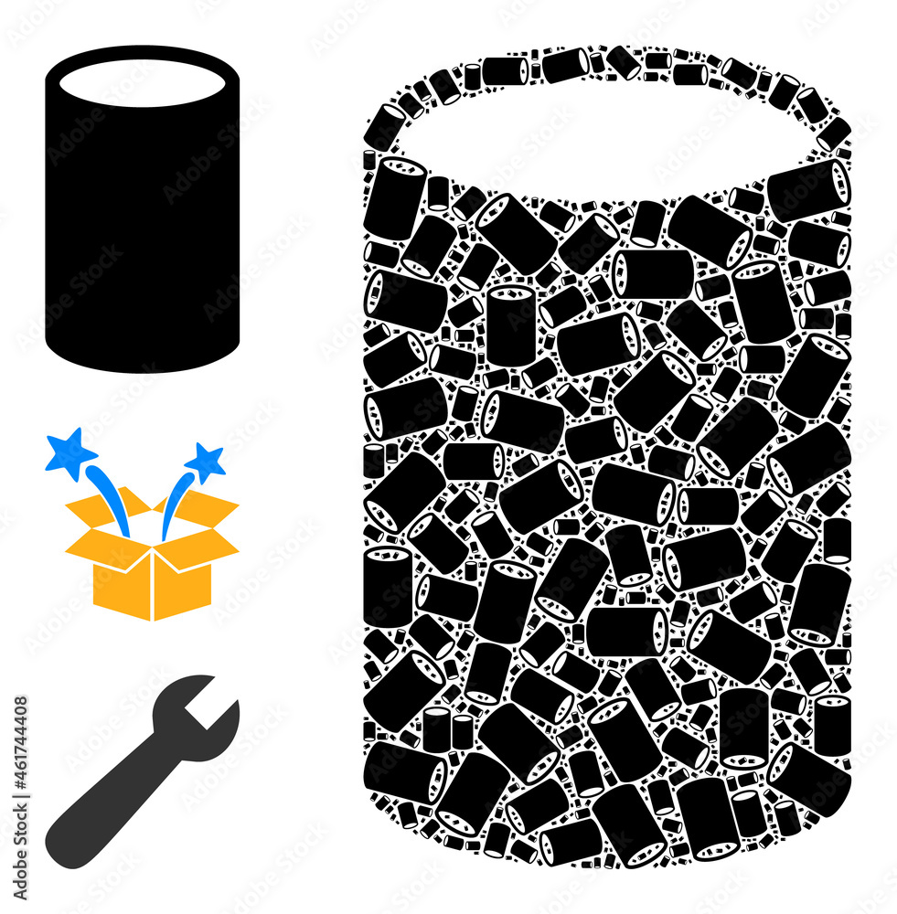 Poster itself recursive collage cylinder. vector cylinder collage is composed from scattered recursive cyli