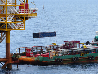 Supply boat transfer the cargo for supporting oil and gas industry and moving cargo from the boat...