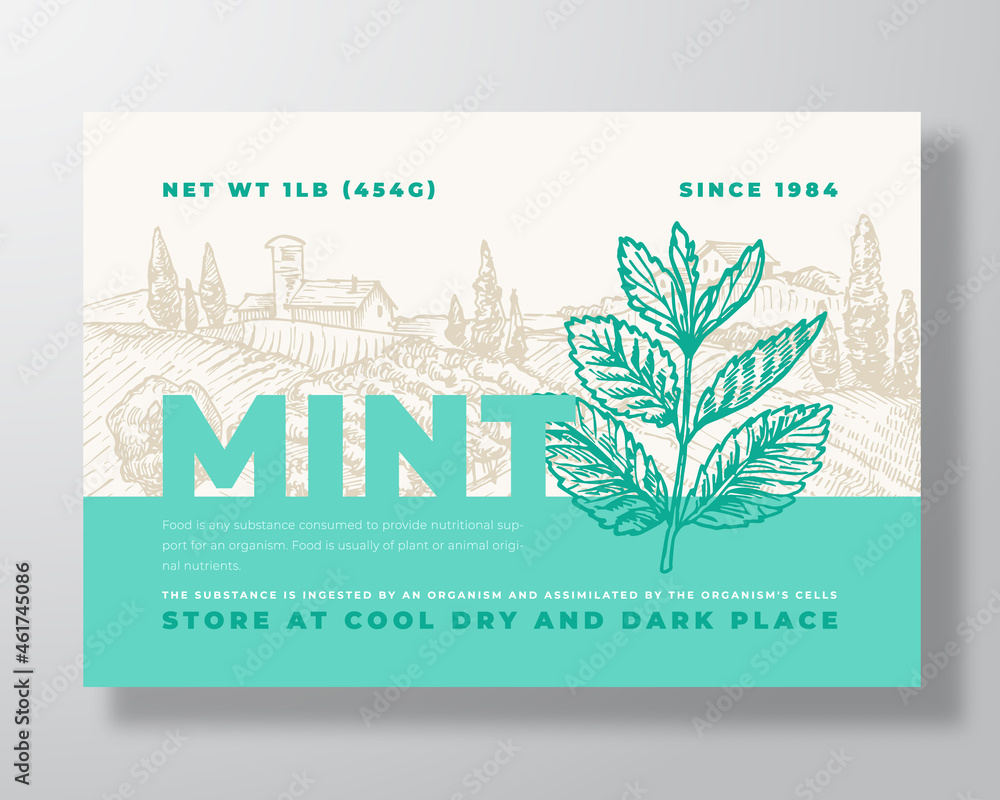 Wall mural Fresh Local Mint. Food Label Template. Abstract Vector Packaging Design Layout. Modern Typography Banner with Hand Drawn Spice Leaves and Rural Landscape Background. Isolated