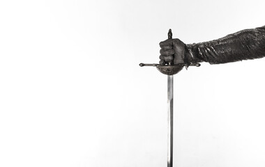 knight hand with sword isolated on white background
