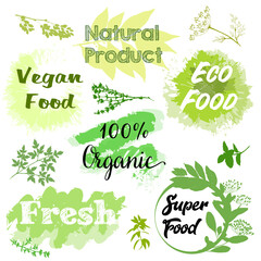 Emblems and inscriptions. Healthy, organic, natural food and products. Vector for menu, restaurant,
food and kitchen design.
