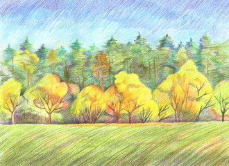 Beautiful autumn landscape with yellow trees. Hand drawn with colored pencils. Natural background.