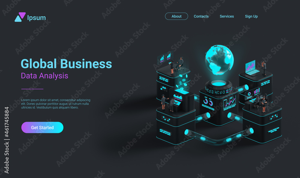 Poster global business data analysis automation. people working with charts analyzing financial statistics.