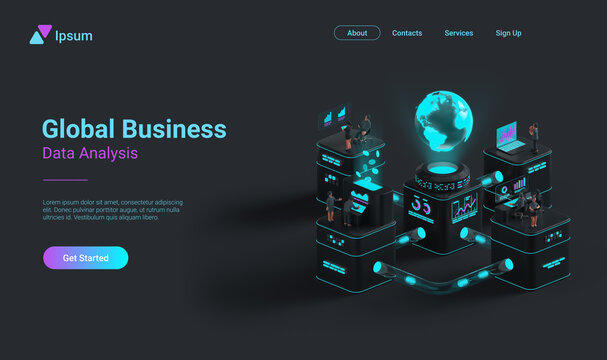 Global Business Data Analysis Automation. People working with charts Analyzing Financial Statistics. Analytics Computing Center 3D rendering.
