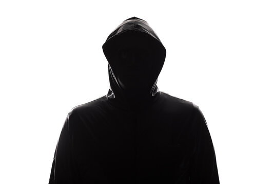silhouette man in a hood isolated on white background