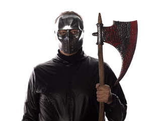 man in mask of maniac with ax isolated on white background