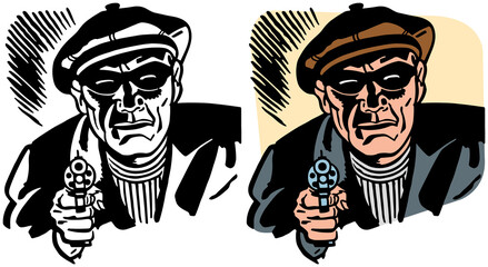 A vintage retro illustration of an armed and masked robber pointing a pistol at the viewer. 
