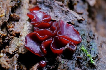 Amazing colorful red mushroom Ascocoryne cylichnium, which is looking like jelly candy