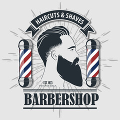 Barbershop logo, poster or banner design concept with barber pole and bearded men. Vector illustration	